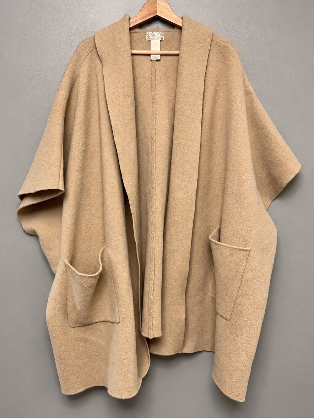 Free People Oversized Hooded Poncho Cardigan Camel Beige Pockets Boho One Size